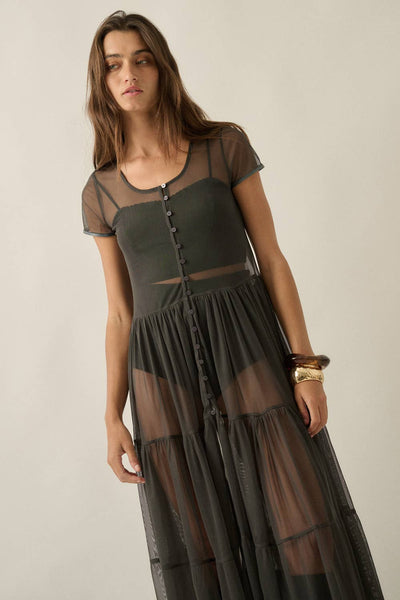 Sheer Mesh Tiered Ruffle Maxi Top