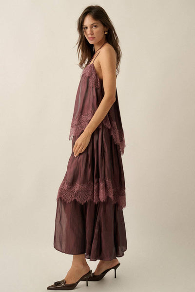 Chiffon Lace-Trim Tiered Maxi Slip Dress