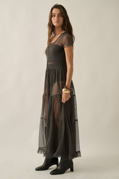 Sheer Mesh Tiered Ruffle Maxi Top