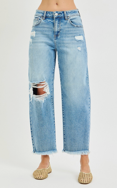 Distressed Cropped Barrel Jeans