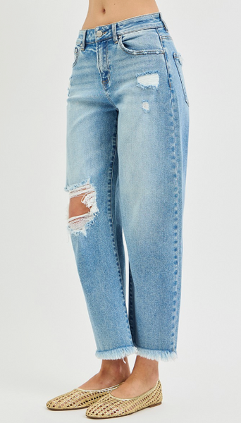 Distressed Cropped Barrel Jeans