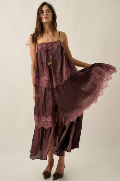 Chiffon Lace-Trim Tiered Maxi Slip Dress