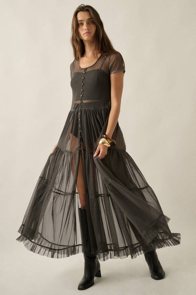 Sheer Mesh Tiered Ruffle Maxi Top