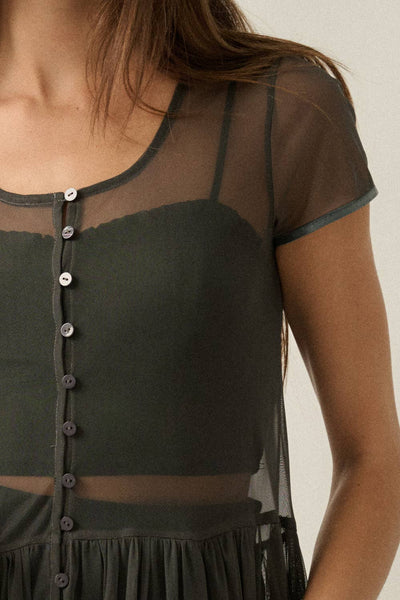 Sheer Mesh Tiered Ruffle Maxi Top