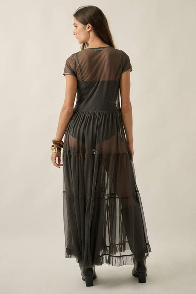 Sheer Mesh Tiered Ruffle Maxi Top