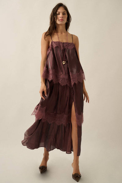 Chiffon Lace-Trim Tiered Maxi Slip Dress