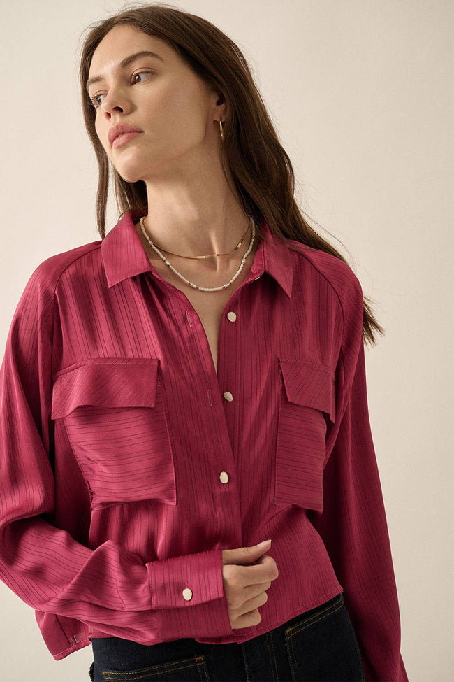 Satin-Stripe Pearl-Button Pocket Shirt
