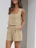 Square Neck Wide Strap Top and  Shorts Set