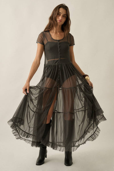 Sheer Mesh Tiered Ruffle Maxi Top