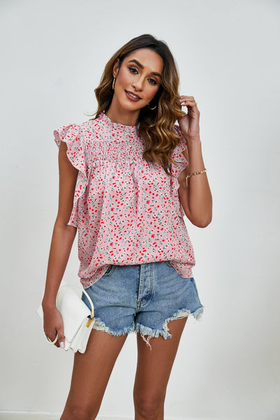 Ruffled Ditsy Floral Mock Neck Cap Sleeve Blouse