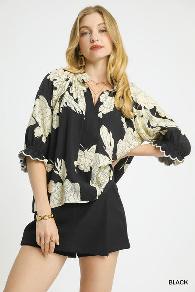 Black and White Blooms Top