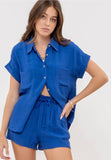 Crinkle Blue Button Top