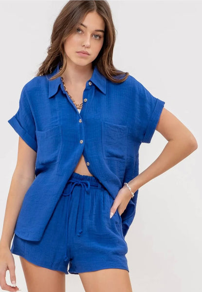 Crinkle Blue Button Top