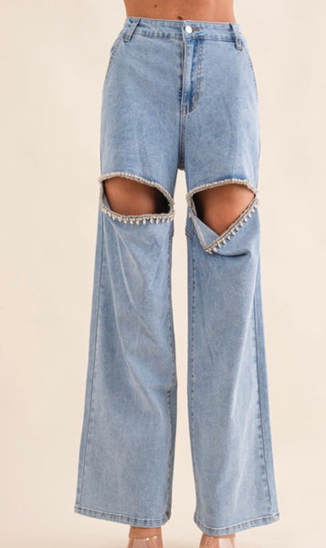 Rhinestone Studded Cut-Out Jeans