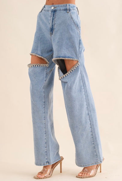Rhinestone Studded Cut-Out Jeans