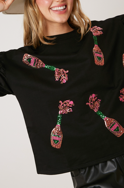 Sequin Champagne Bottle Puff Sleeve Top