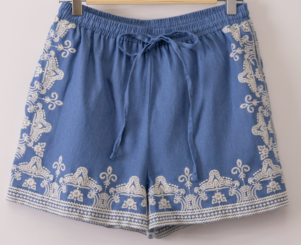 Chambray Embroidered Shorts