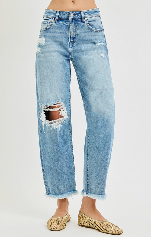 Distressed Cropped Barrel Jeans