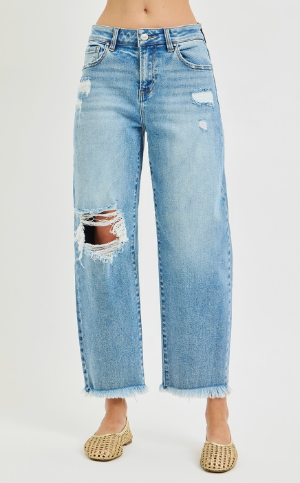 Distressed Cropped Barrel Jeans