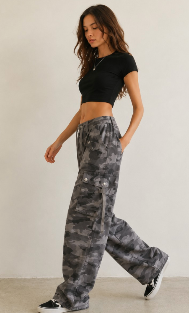 Grey Washed Camo Cargos