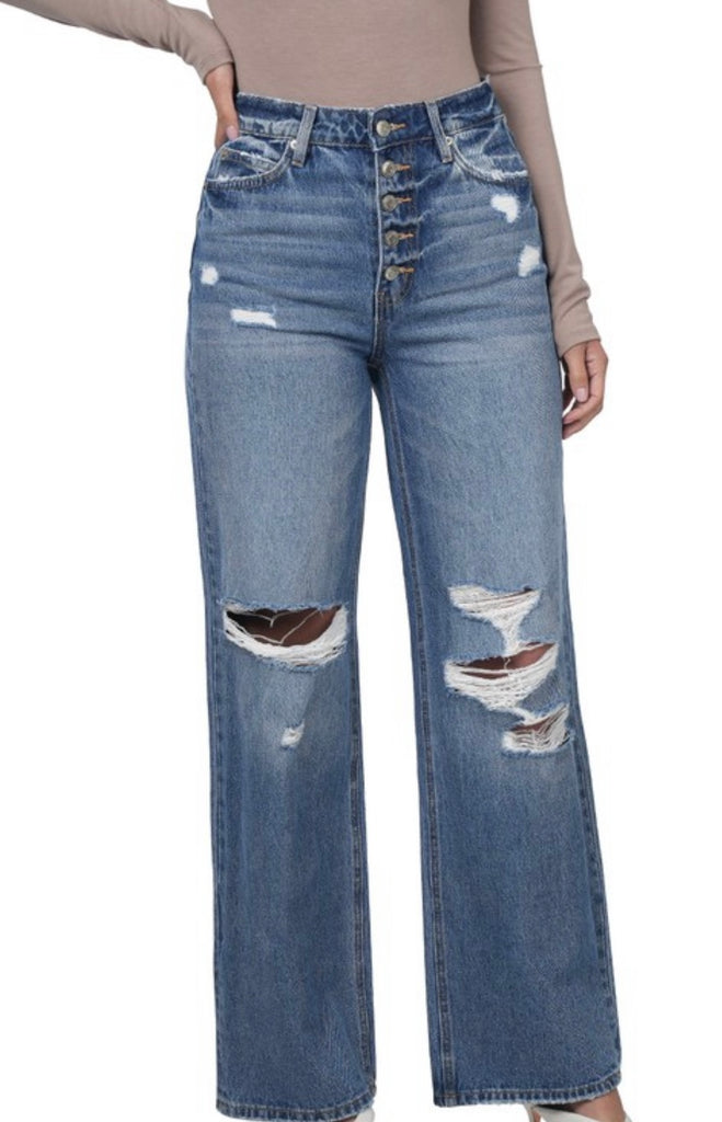 Distressed Wide Leg Jeans with Pockets